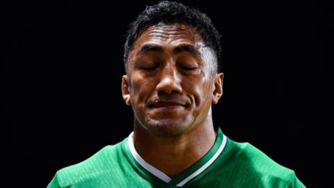 Bundee Aki's reaction as he walks off the pitch in Fukuoka after his red card