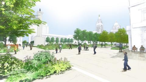 New sketches of George Square redesign. It shows people walking through a large open space with surrounding greenery and buildings in the background.