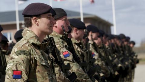 British soldiers during the official ceremony welcoming the deployment of a multi-national Nato battalion in Tapa, Estonia, on 20 April