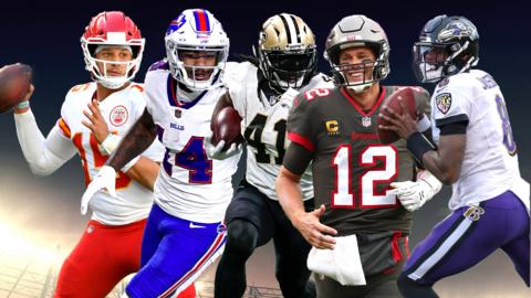 From left to right, Patrick Mahomes, Stefon Diggs, Alvin Kamara, Tom Brady and Lamar Jackson