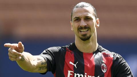 AC Milan striker Zlatan Ibrahimovic points during a Serie A game