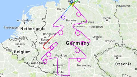 Image showing the flightpath of an Airbus A380 tracing the image of a Christmas tree on a testflight over Germany, 13 December 2017