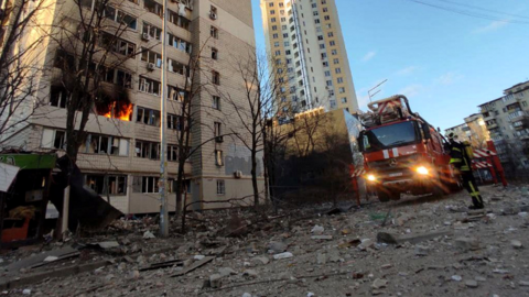 A view shows a residential building damaged by shelling, as Russia's attack on Ukraine continues, in Kyiv, Ukraine, in this handout picture released 16 March 2022.