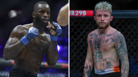 Split image of Fabian Edwards in the cage beside James Gallagher waiting in the cage before a fight