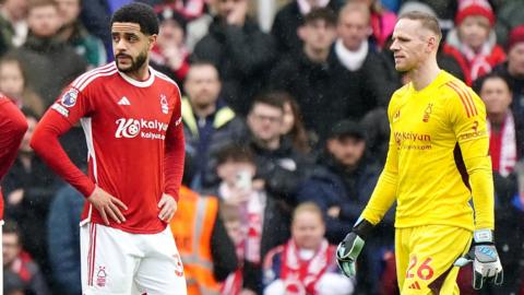 Nottingham Forest players dejected following an own goal from Andrew Omobamidele