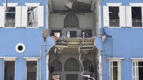 The middle of a building destroyed after the Beirut port explosion