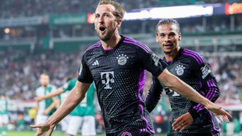 Harry Kane celebrates scoring for Bayern Munich against Werder Bremen