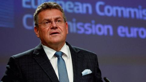 European Commission Vice-President for Interinstitutional Relations Maros Sefcovic speaks during a news conference after a meeting with British Foreign Secretary Liz Truss, in Brussels, Belgium