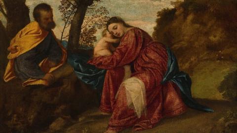 Rest On The Flight Into Egypt painting. Joseph is depicted looking at Mary Magdalene whilst she cradles baby Jesus.