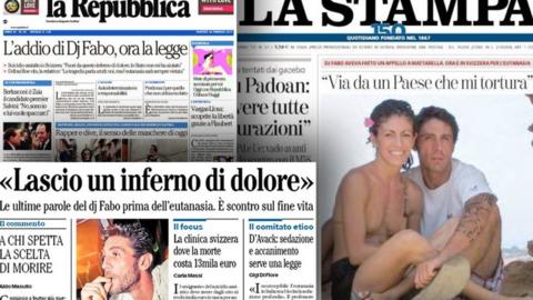 Italian newspaper front pages featuring DJ Fabo