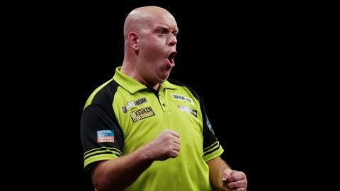 Michael van Gerwen reacts during the Premier League Darts night in Glasgow