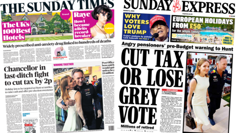 The headline in the Times reads, "Chancellor in last-ditch fight to cut tax by 2p", while the headline in the Express reads: "Cut tax or lose grey vote".