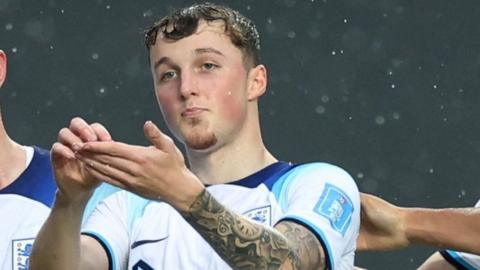 Alfie Devine celebrates his goal for England against Uruguay in Buenos Aires in this summer's Under 20s World Cup