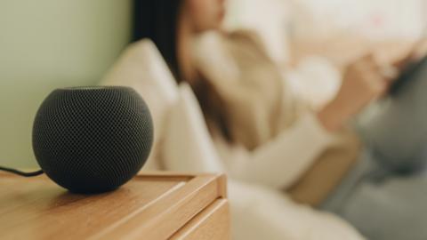 A woman beside a smart speaker at home