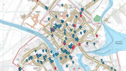 Cambridge map of York with icons showing where medieval murders took place
