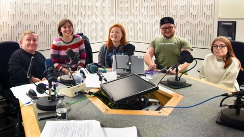 Presenters and guests in the studio after recording this month's Ouch programme