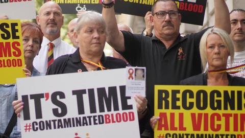 Campaigners, including many who are personally infected and affected by infected blood, gather in Westminster, London, calling for compensation for victims to be authorised by Prime Minister Rishi Sunak,