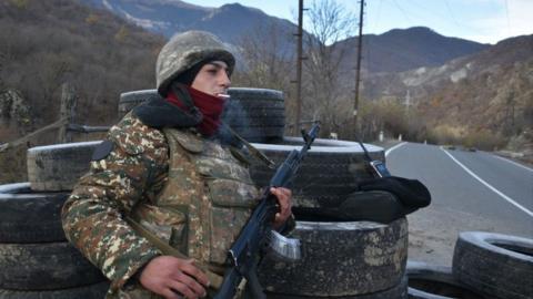 Armenian soldier on guard on border with Kalbajar region, 25 Nov 20