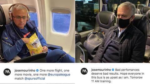 Two screenshots from Jose Mourinho's instagram account. Left: Mourinho on the flight to play Royal Antwerp, watching a film. Right: Mourinho looks angry on the team bus after the defeat to Royal Antwerp.