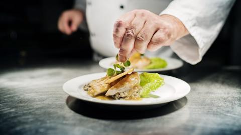 Stock photo: male chef prepares expensive looking food