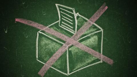 A chalk drawing of a ballot box with an X over it.