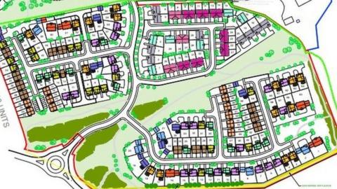 Design showing aerial view of new houses and plots