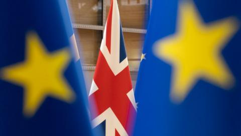 File photo of Union Jack and EU flags in Brussels