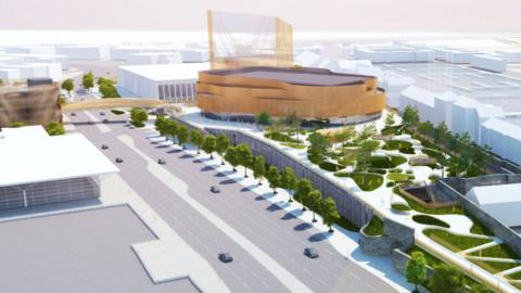 Artist impression of the arena and surrounding coastal park in Swansea