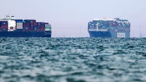 The container ship Ever Given enters Great Bitter Lake after it was refloated, unblocking the Suez Canal on 19 March 2021 in Suez, Egypt.