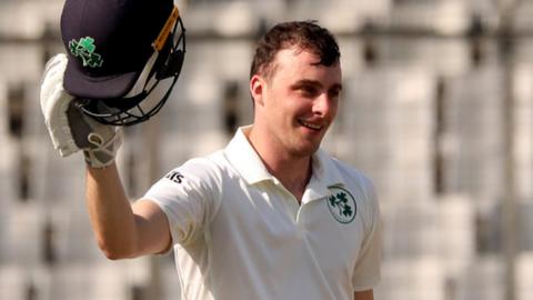 Lorcan Tucker celebrates his maiden Test century against Bangladesh