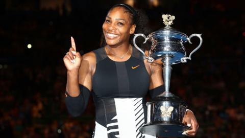 Serena Williams celebrates winning the 2017 Australian Open title