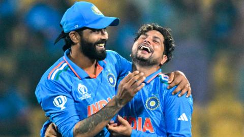 Ravindra Jadeja and Kuldeep Yadav celebrate a wicket