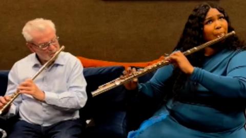 James Galway and Lizzo playing flutes