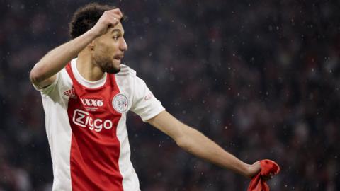 Morocco's Noussair Mazraoui celebrates winning the Dutch title with Ajax