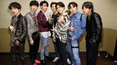 Musical group BTS, winners of the Top Social Artist award, attend the 2018 Billboard Music Awards