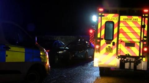 Police and ambulance at accident near Pontyclun