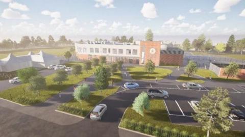 A computer-generated image of a brand new school building with several areas of green, including trees, at the front. Several cars can be seen parked or driving around the car park.
