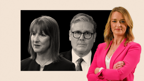 A montage image, showing Starmer and Reeves in black and white, with an image of Laura K to the side
