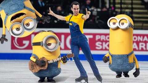 A skater dressed like a minion, surrounded by Minions on ice.