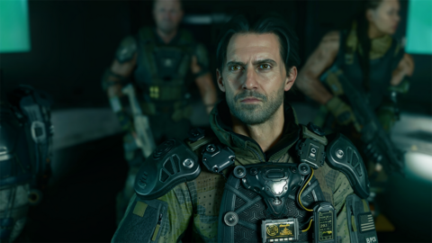 Screenshot shows a photo-realistic rendering of Milo Ventimiglia, who takes over the role of hero David Mason. He is wearing dark green and black tactical armour