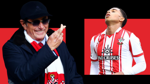 Split image with Southampton owner Dragan Solak crossing his fingers and midfielder Shea Charles looking to the sky after a chance against Swansea