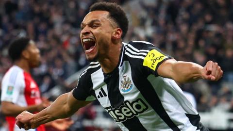 Newcastle United's Jacob Murphy celebrates opening the scoring in the Carabao Cup semi-final second leg against Arsenal at St. James' Park