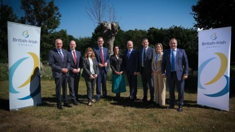 From left to right, Jersey's Chief Minister Lyndon Farnham, Northern Irish Minister for Communities, Gordon Lyons MLA Northern Irish Minister for the Economy Dr Caoimhe Archibald MLA, UK Chief Secretary to the Prime Minister Darren Jones MP, Guernsey;s Chief Minister Lindsay de Sausmarez, Irish Taoiseach Micheál Martin TD, Welsh First Minister Rhun ap Iorwerth MS, Scottish Deputy First Minister Jenny Gilruth MSP and Isle of Man Chief Minister Hon Alfred Cannan MHK