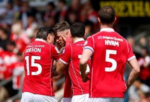 Wrexham celebrate Josh Windass' goal against Middlesbrough