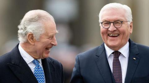 King Charles III attends a ceremonial welcome at Brandenburg Gate where he is welcomed by (R) President Frank-Walter Steinmeier on March 29, 2023 in Berlin, Germany. 