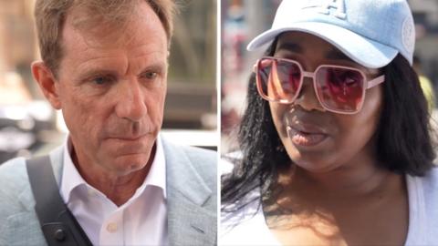 Split screen. Left, a man interviewed by the BBC. Right, a female interviewed by the BBC.