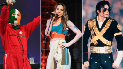 A composite of three pictures. First on the left is DJ Próvaí from Kneecap onstage in a red boiler suit and wearing a balaclava in the colours of the Irish flag. In the middle is Melanie C performing on stage. She is wearing a blue crop top and grey and blue tracksuit bottoms. On the right is Michael Jackson performing at the Superbowl in 1993. He is wearing a black jacket and trousers, with lots of gold detailing across his chest and waist. 