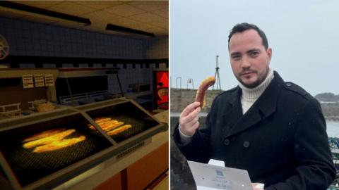 A split image of a chip shop in a video game and a man holding food up to the camera