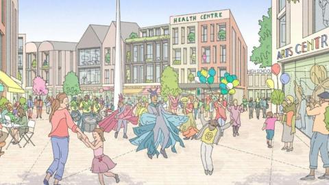 A colourful drawing of a town centre with a health centre and arts centre with a lot of people milling around.