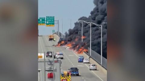 Fuel tanker fire on bridge